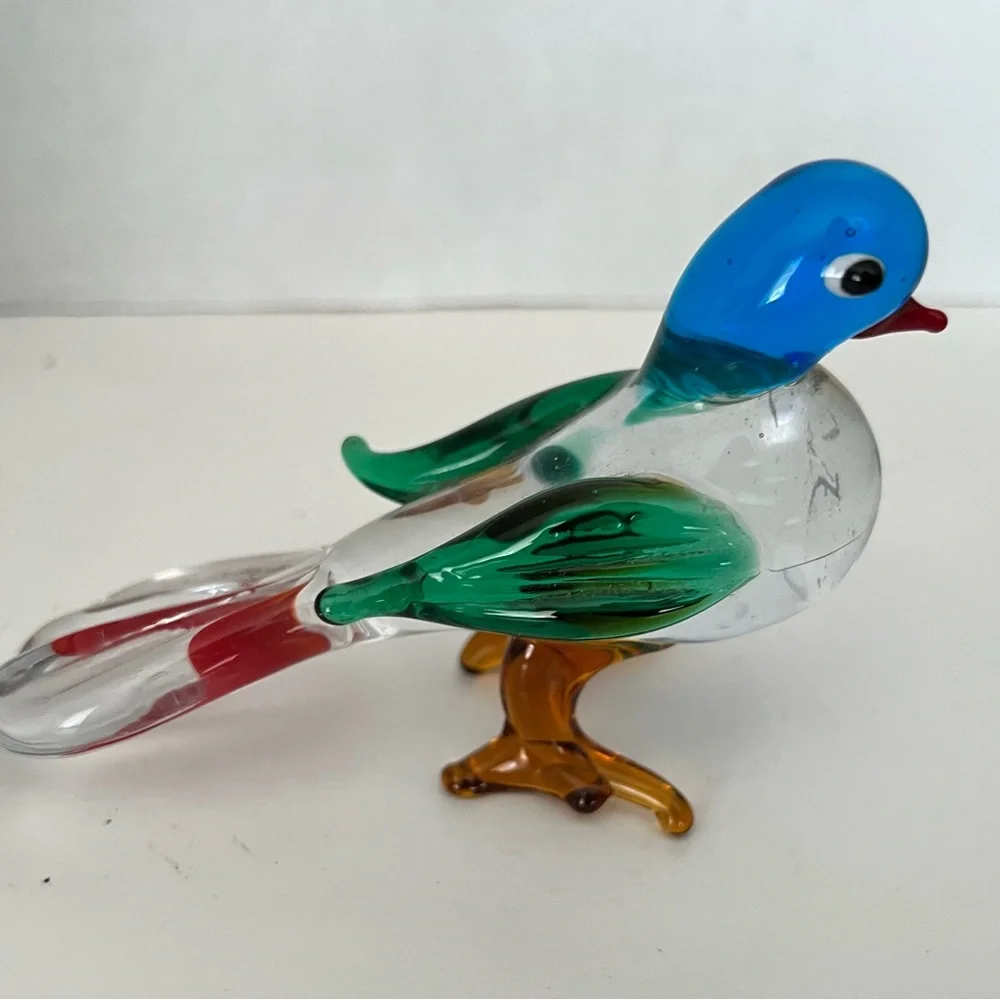 Colorful Glass Bird Figurine Blue/Red/Green/Brown FLAW: Tail tip roughness